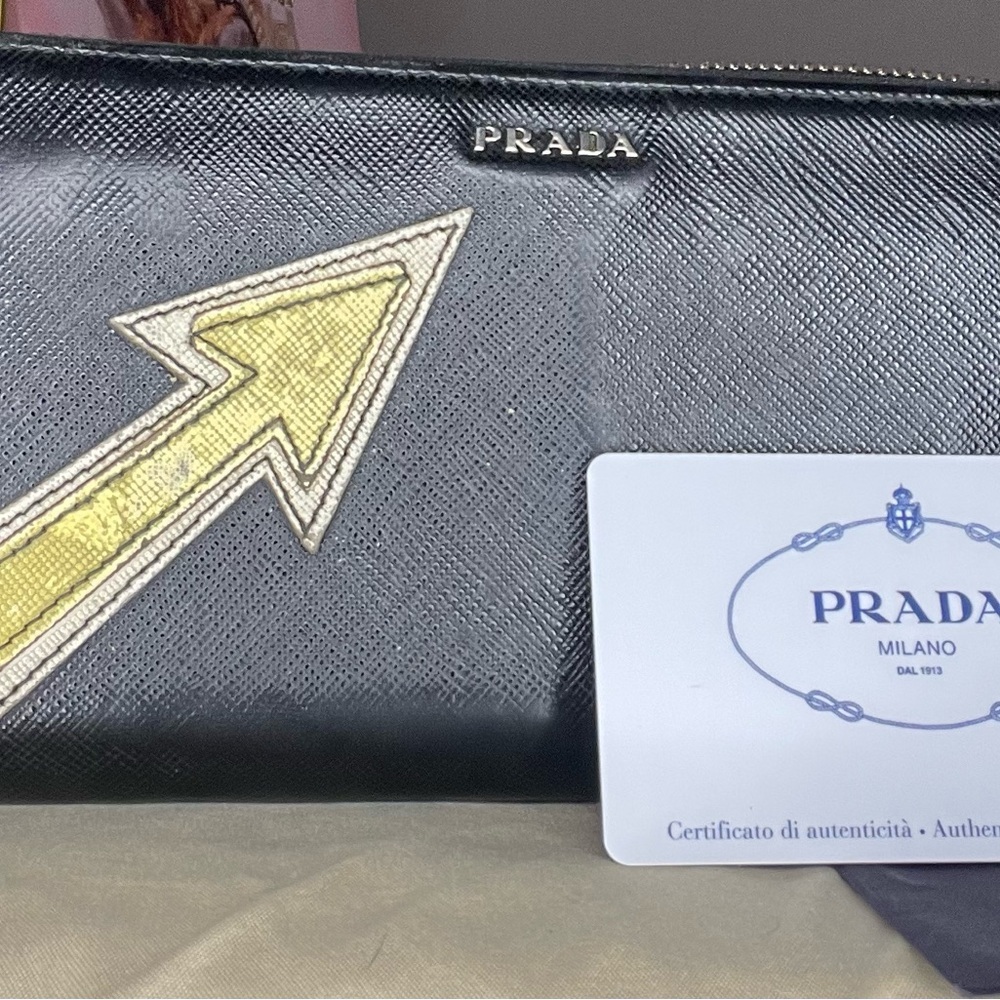 Prada Black Wallet with Yellow Arrow Design